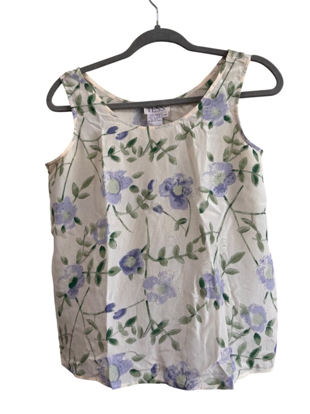 Vintage Tess Floral Silk Sleeveless Tank Top White Purple Green Print Lightweigh